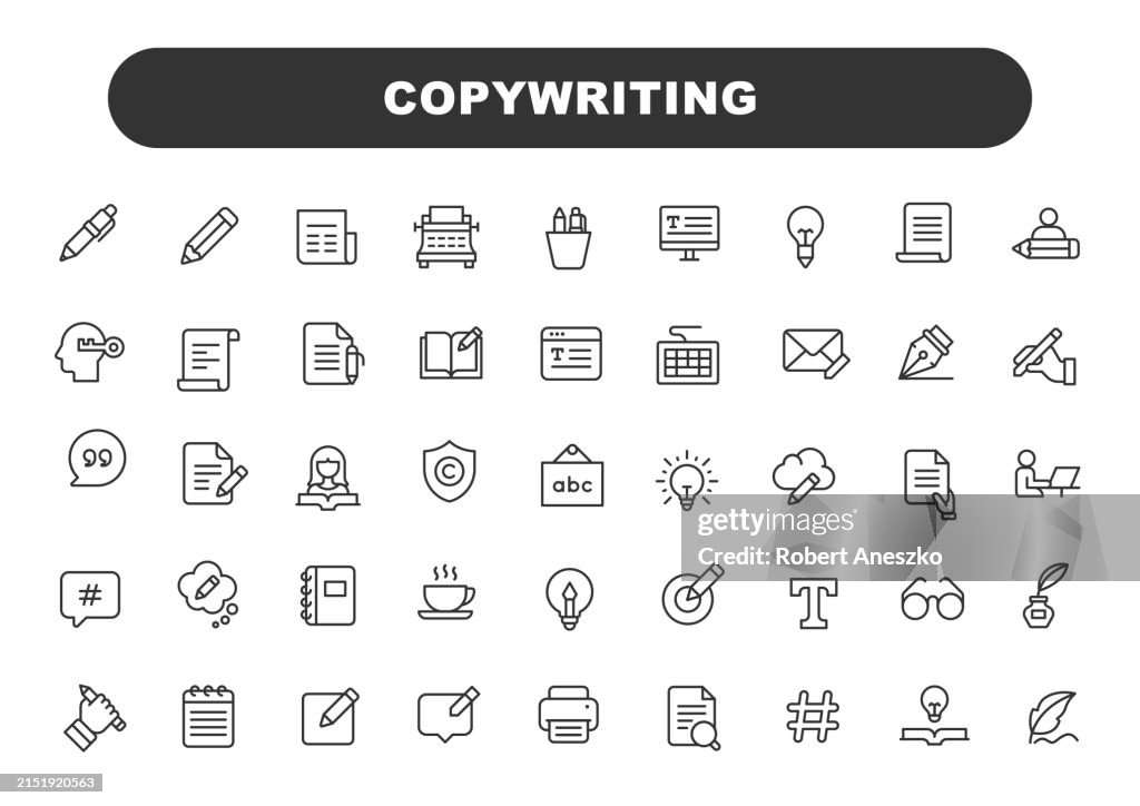 Copywriting Line Icons. Editable Stroke. Contains such icons as Pencil, Newspaper, Magazine, Writing, Reading, Brainstorming, Creativity, Typewriter, Marketing, Book, Notebook, Quote, Keyboard, Idea.