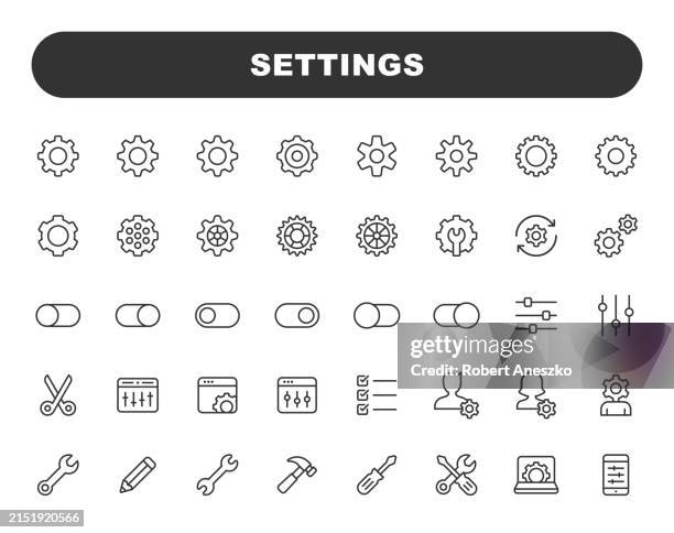 bildbanksillustrationer, clip art samt tecknat material och ikoner med settings line icons. editable stroke. contains such icons as work tool, gear, equipment, engineering, machine part, technology, repair, ui design, ux design, option, choice, preferences. - systemkonfiguration