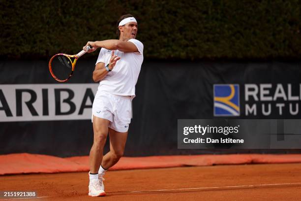 Rafael Nadal of Spain hits a forehand during a practice session during Day 2 of the Internazionali BNL D'Italia 2024 at Foro Italico on May 07, 2024...