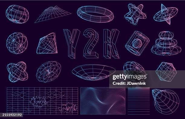 set of retro 2000s style y2k style 3d wireframe geometric abstract text, shapes and mesh patterns - 2000 stock illustrations