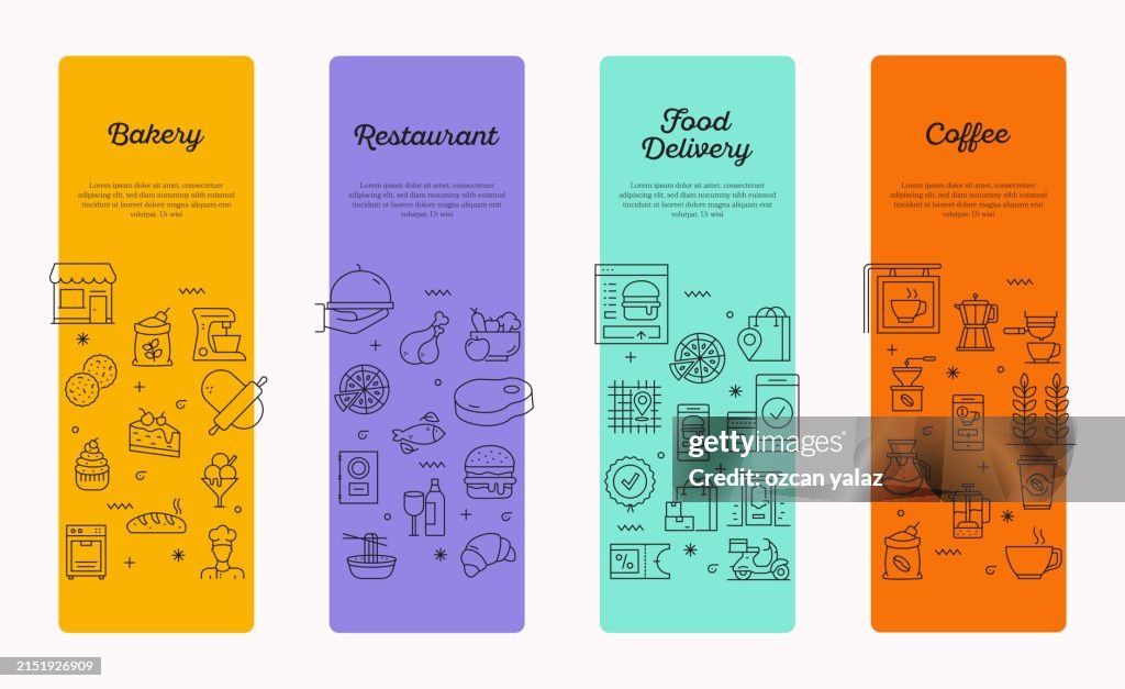 Collective design of topics such as Bakery, Restaurant, Food, Coffee. In web use, brochures, phone applications, etc. Colorful and simple design that can be used in any area.