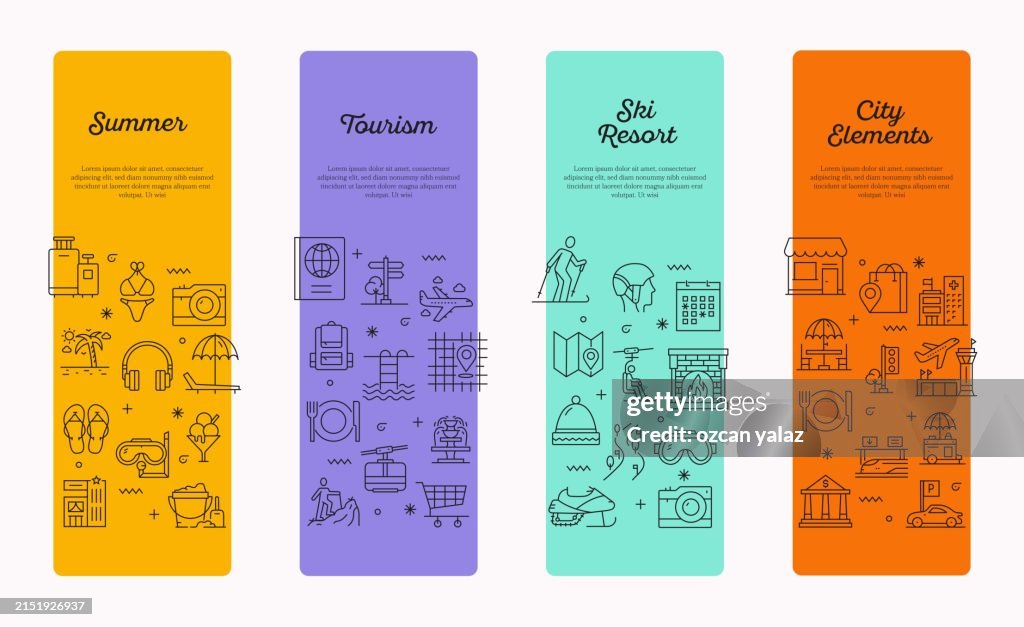 Collective design of topics such as Summer, Ski, Tourism, City Elements. In web use, brochures, phone applications, etc. Colorful and simple design that can be used in any area.