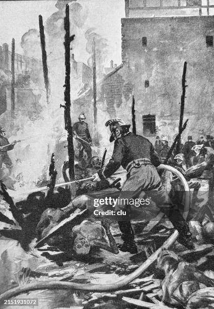 paris fire, fire brigade working - fire engine stock illustrations
