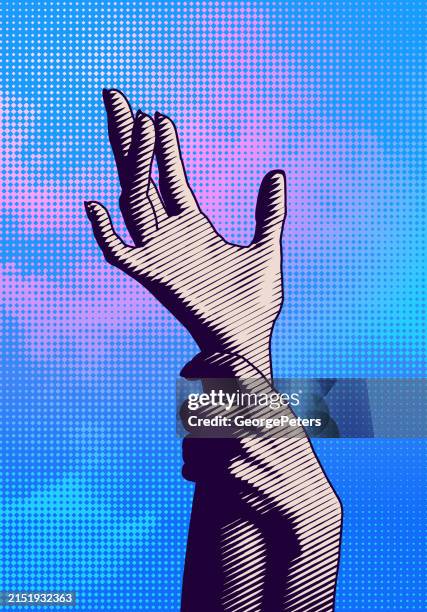 hands raised to the sky - arm reaching stock illustrations