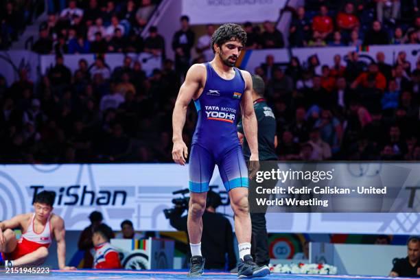 Aman Aman of India in the 57kg Men's Freestyle Wrestling 1/2 Final during the World OG Qualifier on May 11, 2024 in Istanbul, Turkiye.