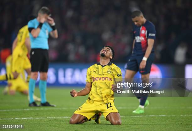 Mateu Morey of Borussia Dortmund reacts as he celebrates victory after defeating Paris Saint-Germain during the UEFA Champions League semi-final...