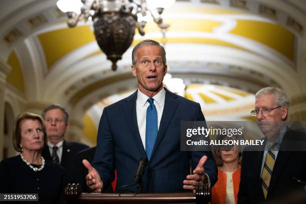 Senate Minority Whip John Thune speaks at Republicans' weekly press conference outside the Senate chamber, Washington, DC, May 8, 2024.
