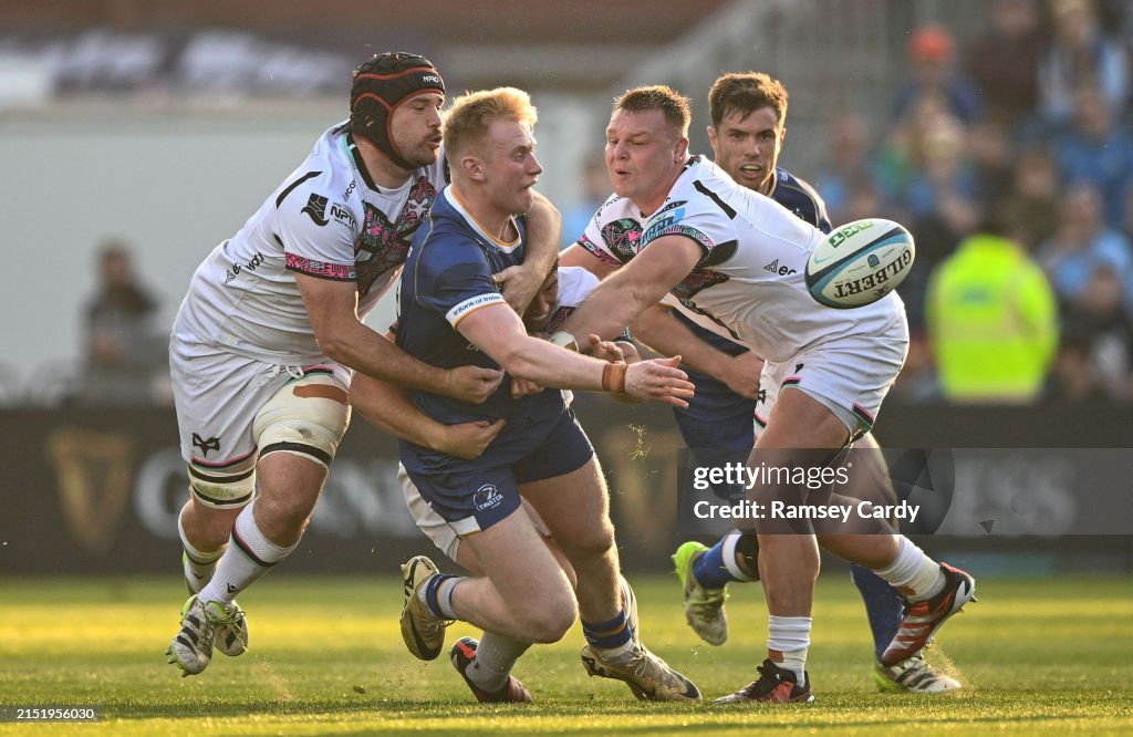 Jamie Rodden Rugby Dublin , Ireland - 11 May 2024; Jamie Osborne of Leinster is tackled ...