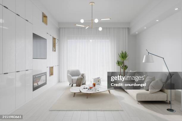 vista lateral de la sala de estar moderna con sofá de esquina, sillón, televisor, lámpara de pie y planta en maceta - vida sencilla fotografías e imágenes de stock