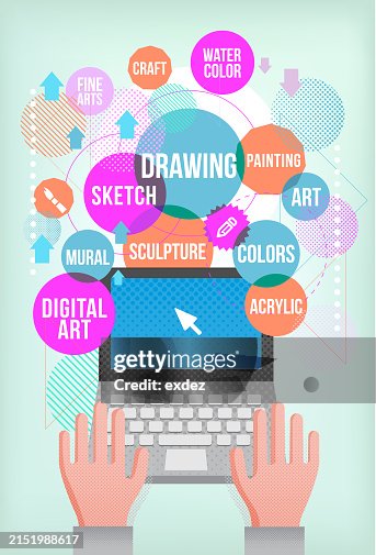 Using Computer Drwaing Vector Illustration Of Using Laptop Computer To Study Arts And Drawing ...