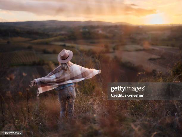 rear view of a woman in autumn day on a hill at sunset. - shawl stockfoto's en -beelden