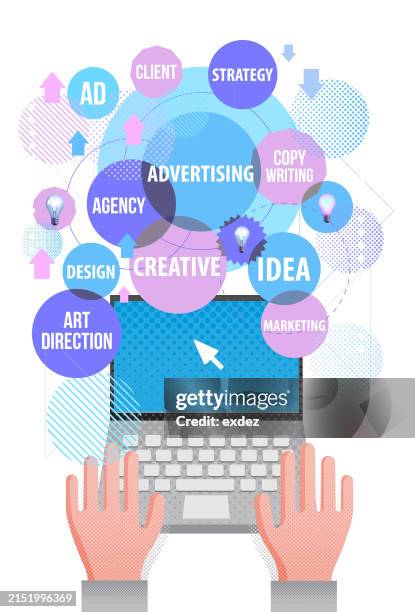 vector illustration of using laptop computer to study advertising - creative team stock illustrations