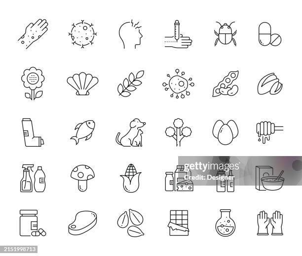 simple allergy line icon set. basic allergens, nut, soybean, pet, mushroom, gluten, corn, milk, chocolate. - spring pollen stock illustrations