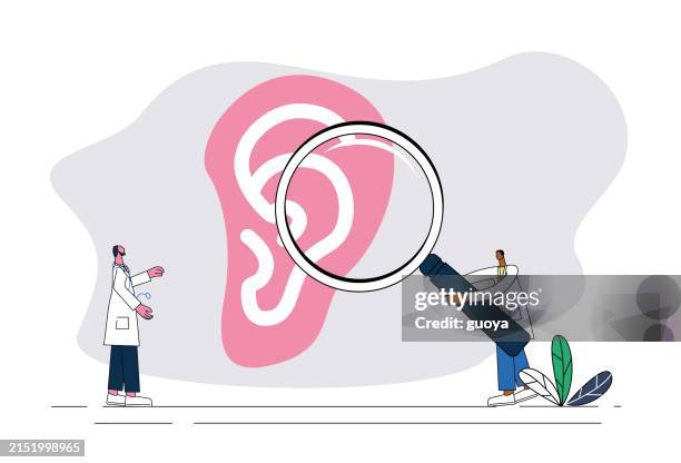two male medical doctors holding magnifying glasses to examine ears. - earlobe stock illustrations