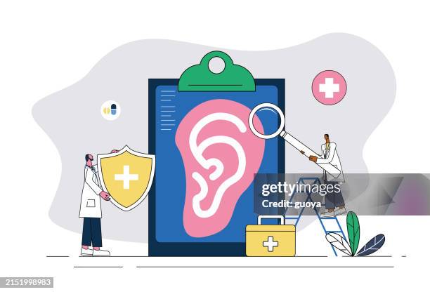 two male doctors are examining ear problems. - earlobe stock illustrations