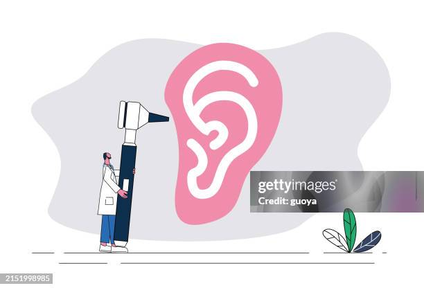 stockillustraties, clipart, cartoons en iconen met the doctor examines the ear with an otoscope. - luisteren