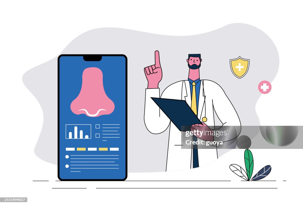 Male doctor uses mobile phone to explain health knowledge about nose protection.