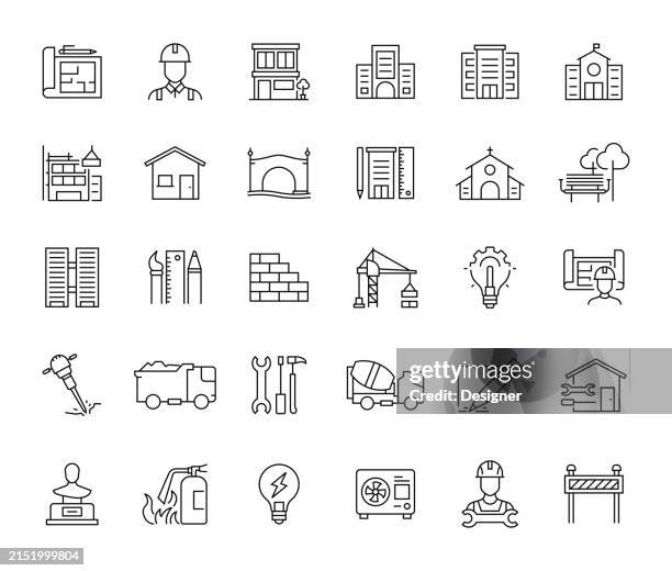 einfacher architekturzeilen-icon-set. konstruktion, design, grundriss, architekt, bauherr. - presslufthammer stock-grafiken, -clipart, -cartoons und -symbole