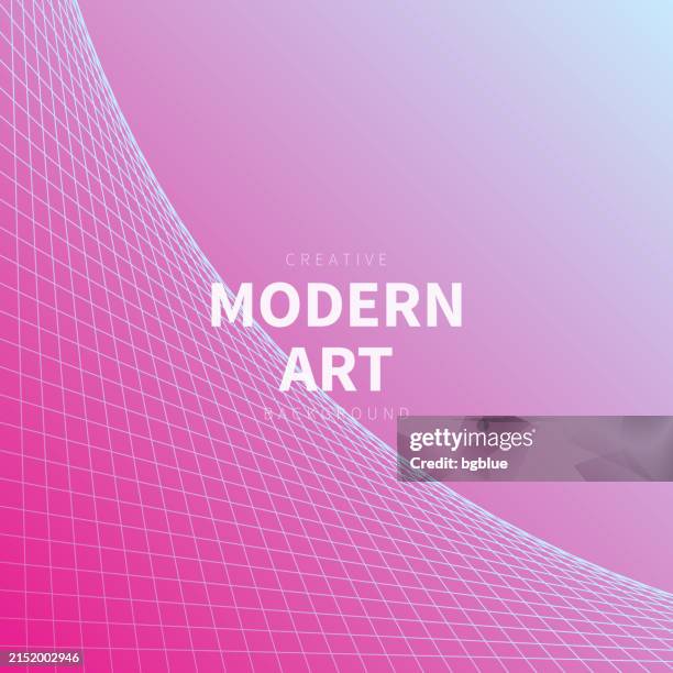geometric background with curved 3d grid - trendy pink gradient - 3d 80s pattern stock illustrations