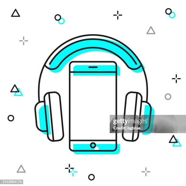 headphones with smartphone. line icon on white background - wireless headphones white background stock illustrations