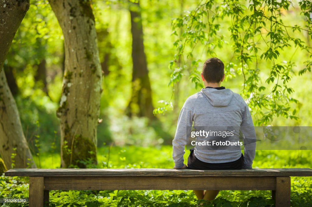 Young adult man sitting on bench and staring at green leaves, grass and trees. Thinking about life at beautiful park in sunny spring day. Spending time alone in nature. Peaceful atmosphere. Back view.