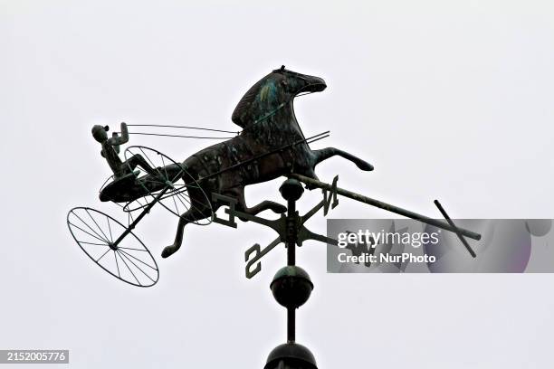 Weather vane is depicting a harness racing standardbred and driver at Woodbine Racetrack in Toronto, Canada, on May 11, 2024.