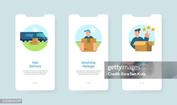 fast delivery and customer satisfaction themed three-step onboarding mobile page templates - screen mockup stock illustrations