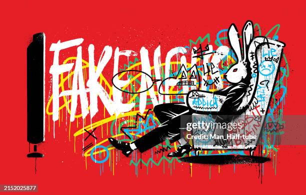 illustrations, cliparts, dessins animés et icônes de fake news, personne regardant la télévision, graffiti au pochoir - pochoir