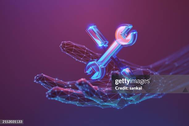 conceito de reparo de renovação. ferramentas ícone 3d na mão humana abstrata feita com matriz de átomos e efeito plexo. iluminação de néon, foco seletivo - ferramenta de trabalho - fotografias e filmes do acervo