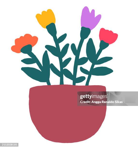 colorful minimalist hand drawn flowers in a pot - flower pot stock illustrations