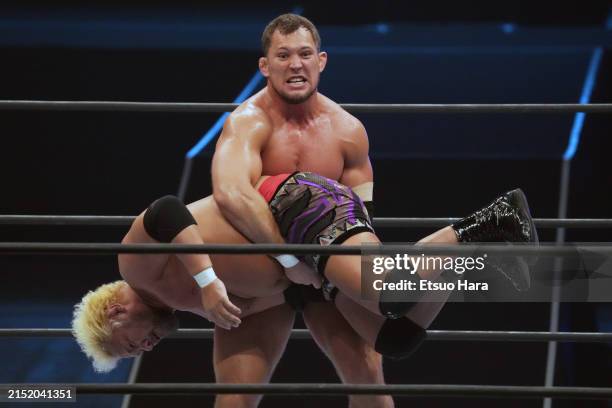 Oleg Boltin and Togi Makabe compet during the New Japan Pro-Wrestling - Wrestling DONTAKU at Fukuoka Convention Center on May 03, 2024 in Fukuoka,...