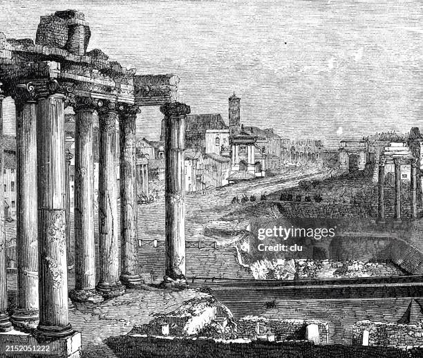 site of the forum romanum, from the slope of the capitol hill - roman forum rome stock illustrations