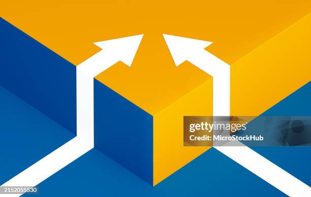 choice concept - white arrows over yellow and blue background - merging stock pictures, royalty-free photos & images