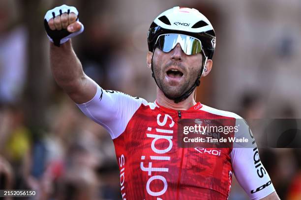 Benjamin Thomas of France and Team Cofidis celebrates at finish line as stage winner during the 107th Giro d'Italia 2024, Stage 5 a 178km stage from...