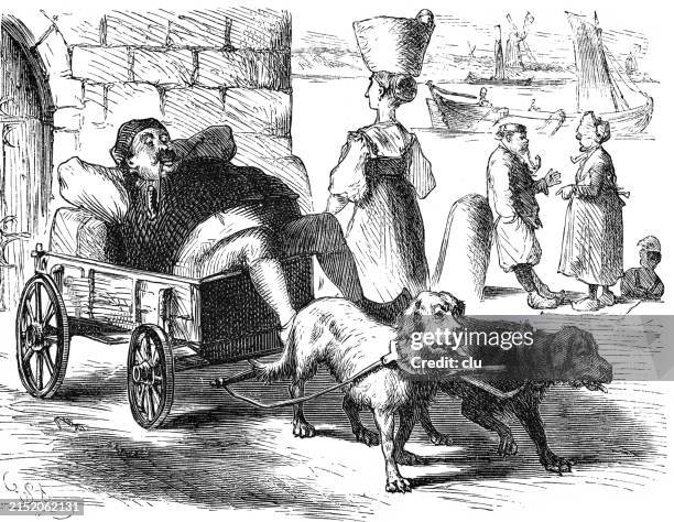 hague fisherman and dog cart on a market - dog lying on back stock illustrations