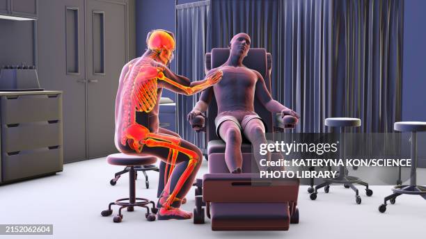 healthcare worker with highlighted skeleton, illustration - back pain doctor stock illustrations