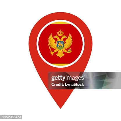Pinpoint vector icon with Montenegro national flag isolated on white background. Map pointer symbol for website, gps navigator, apps. Illustration in flat design. Location marker. Geolocation mark on the map. Pinpoint vector icon with Montenegro national flag isolated on white background. Map pointer symbol for website, gps navigator, apps. Illustration in flat design. Location marker. Geolocation mark on the map.