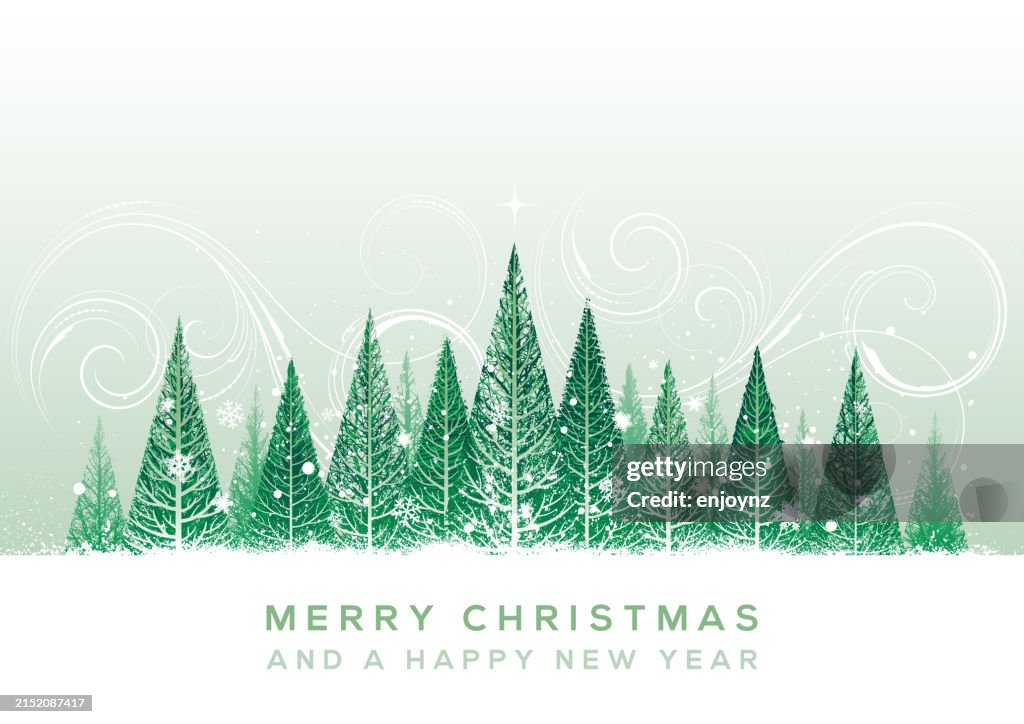 Green snowing Christmas trees card