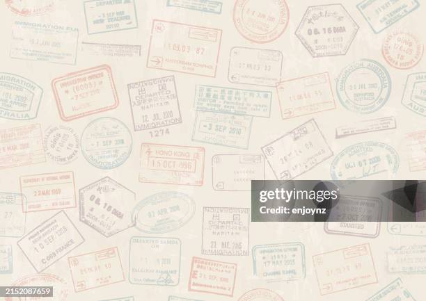 stockillustraties, clipart, cartoons en iconen met seamless passport travel stamps background vector illustration - paspoort