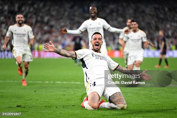 Joselu of Real Madrid celebrates scoring his team's second goal during the UEFA Champions League semi-final second leg match between Real Madrid and...