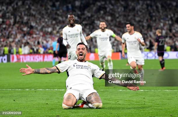 Joselu of Real Madrid celebrates scoring his team's second goal during the UEFA Champions League semi-final second leg match between Real Madrid and...