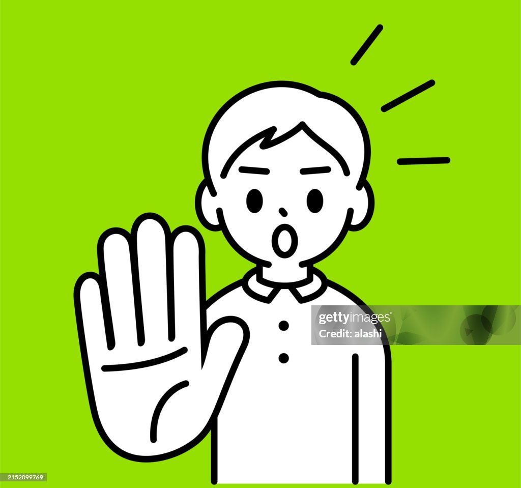 A boy, holding up his hand to refuse, raising his hand with an open palm, conveys a gesture to stop or halt something, looking at the viewer, minimalist style, black and white outline