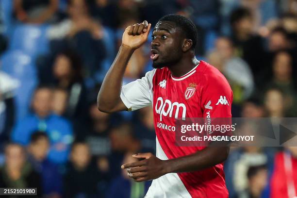 Monaco's French midfielder Youssouf Fofana celebrates after scoring his team's second goal during the French L1 football match between Montpellier...