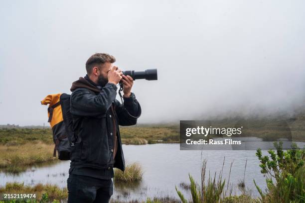 giovane che cattura la bella brughiera circondata dalla nebbia con la sua macchina fotografica - fotografo foto e immagini stock