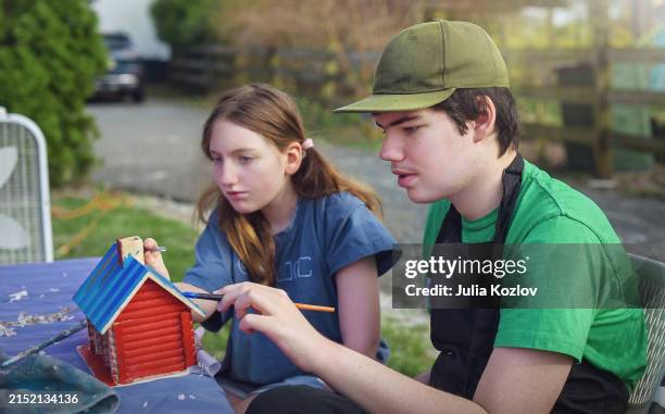 focused painting session in backyard - preteen models | young nonude teen models imagens e fotografias de stock