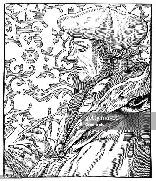 stockillustraties, clipart, cartoons en iconen met erasmus von rotterdam, futch polymath: theologian, philosopher, philologist, priest, author and editor of 444 books and writings - rotterdam