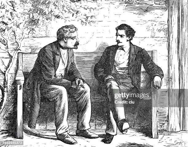 two men sitting together on a bench after supper - two men talking stock illustrations