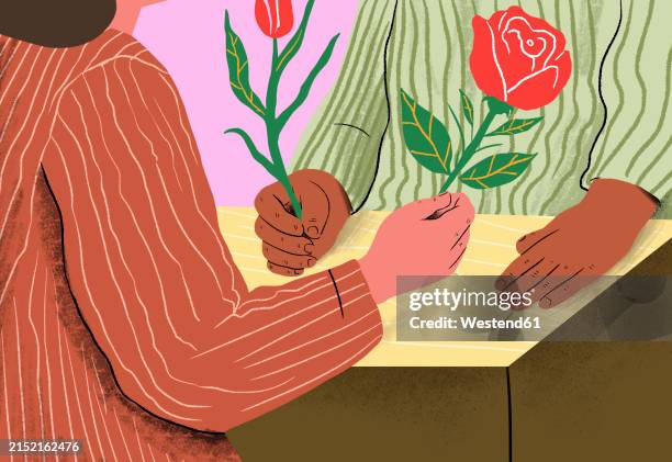 man and woman giving flowers sitting at table - love emotion stock illustrations