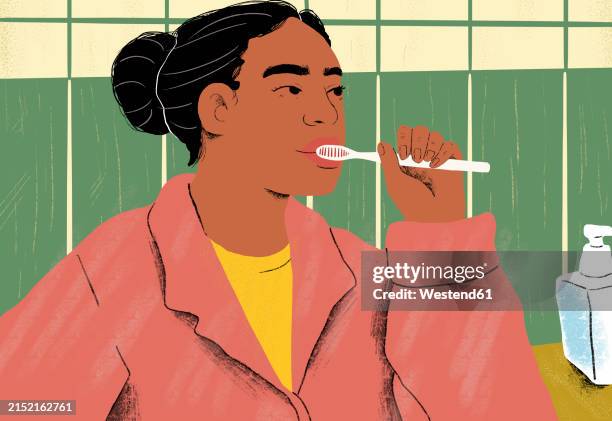 woman brushing teeth in bathroom - bathroom routine stock illustrations