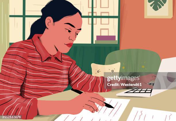 woman examining document sitting with laptop at table - checking laptop stock illustrations